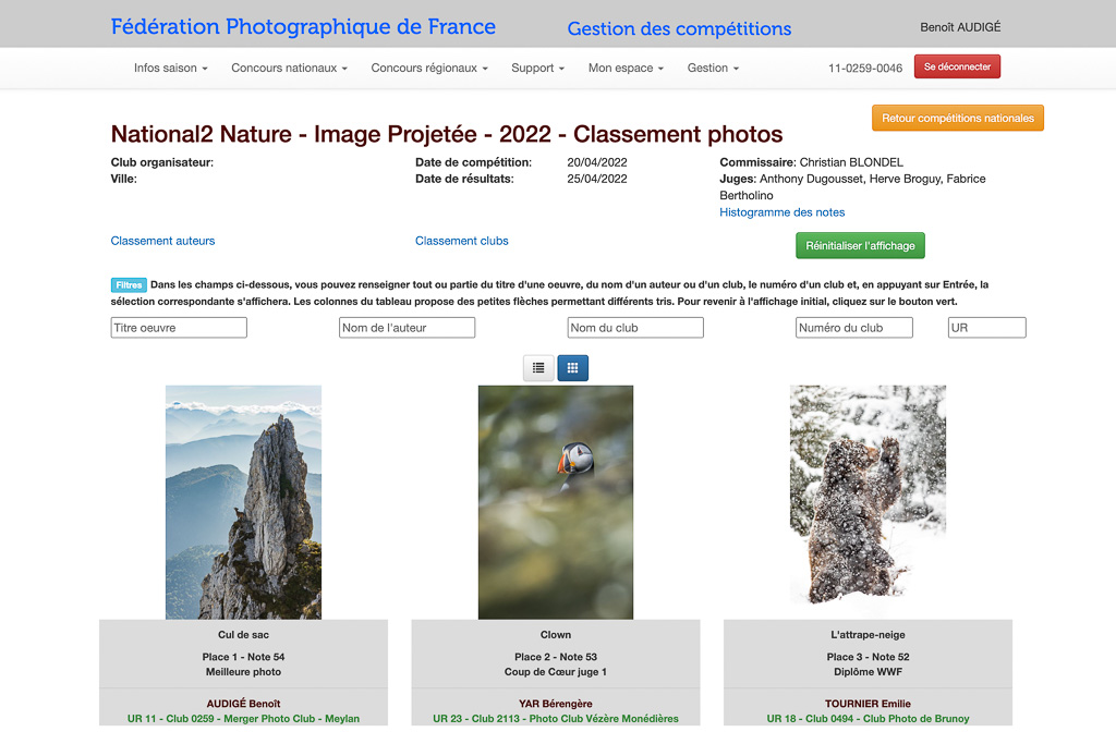 Blog actualités Podium du concours nature image projetée de 2022 en National 2 de la FPF
