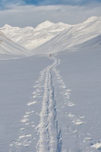 Trace de ski de randonnée dans un vallon enneigé