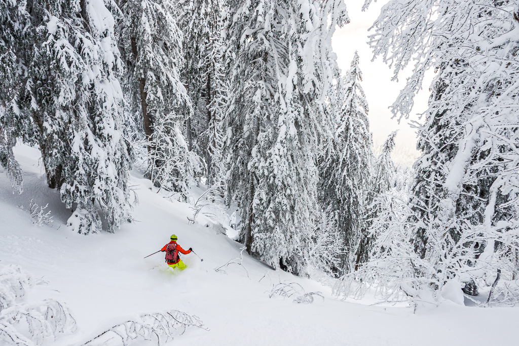 Skieur dans une combe pleine de neige en chartreuse