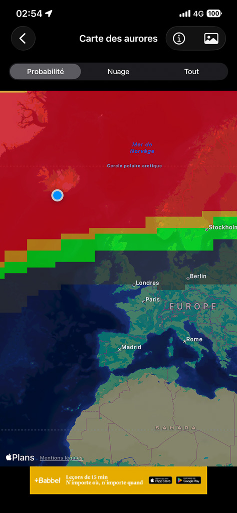 application-aurora-carte Carte des aurores sur l'application Aurora