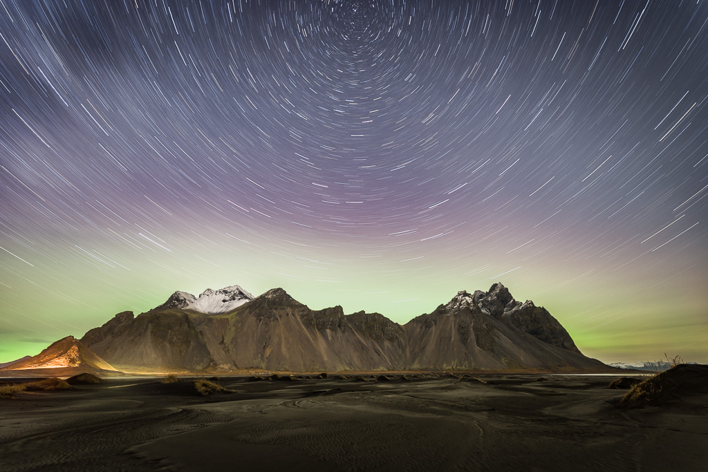 file-etoile-islande-vestrahorn filé d'étoile au dessus du Vestrahorn